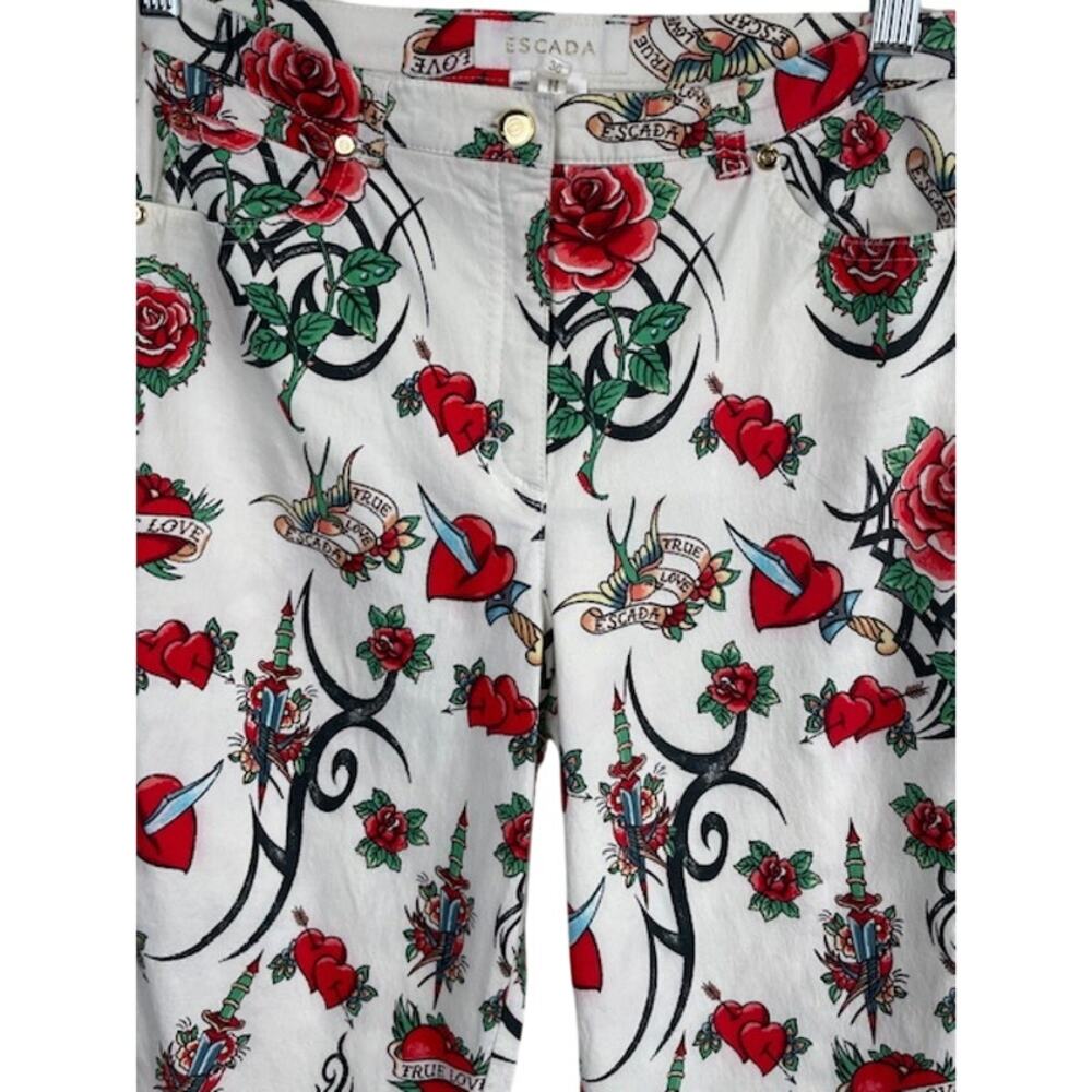 ESCADA vintage tatoo print pants with roses and hearts. - Picture 2 of 10